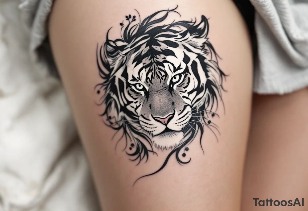 力 (lì, “strength”) in dark gray pairs with a tiger to emphasize inner and outer power. tattoo idea