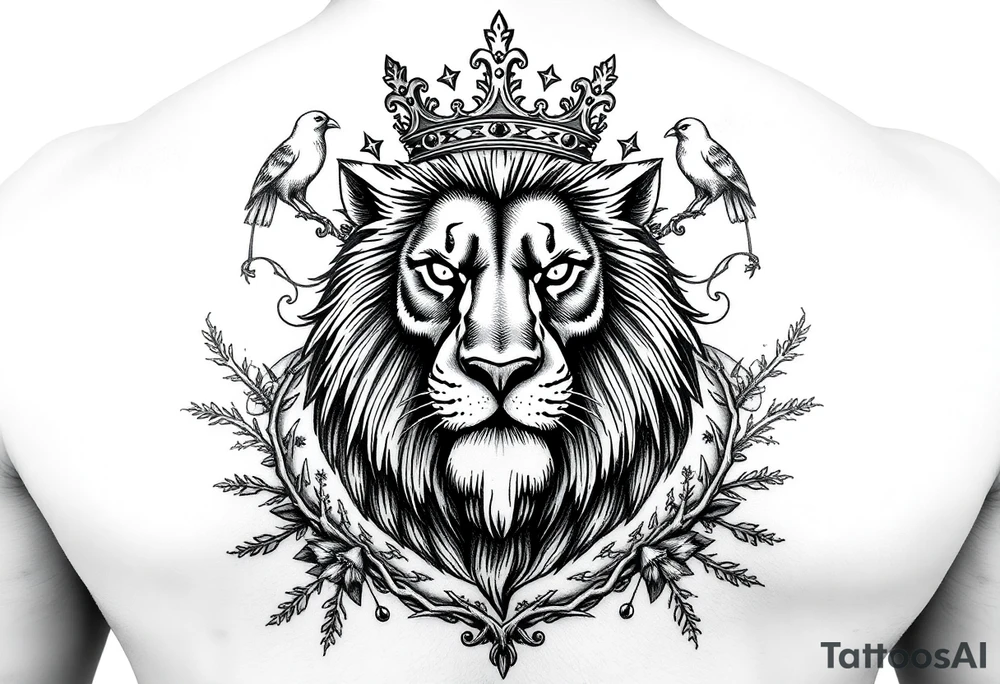 powerful majestic lion with a crown, surrounded by thorns and forestry ornaments and birds tattoo idea