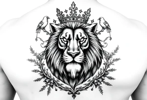 powerful majestic lion with a crown, surrounded by thorns and forestry ornaments and birds tattoo idea