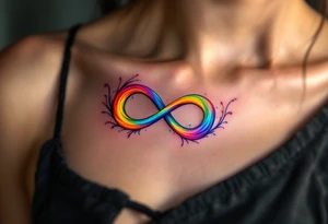 A rainbow-colored infinity symbol reflects the limitless nature of freedom placed uder collarbone tattoo idea