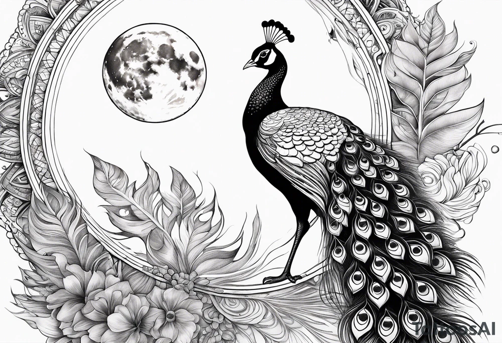 beautiful peacock with moon tattoo idea
