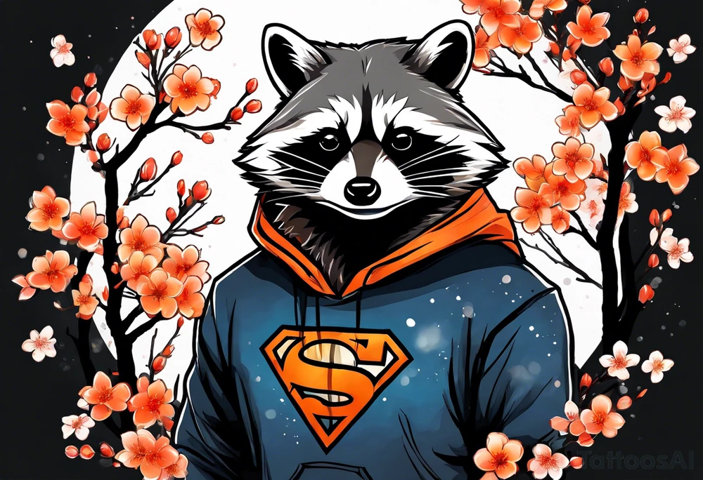 Raccoon wearing a white Superman logo on a black hoodie and orange Japanese cherry blossoms tattoo idea