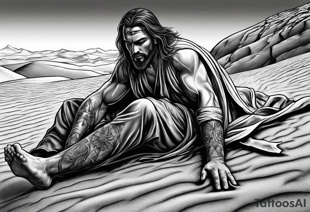 man crawling in a desert reaching to the cross of Christ tattoo idea