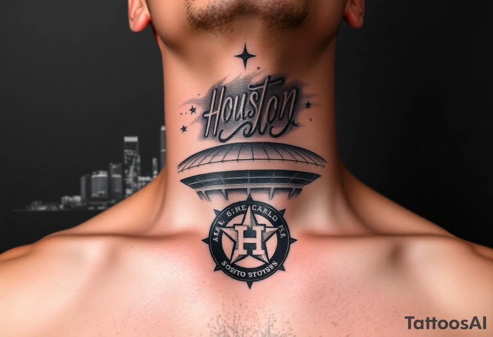 Houston texas skyline Behind houston astrodome leading up neck, stars nighttime stars and clouds, Houston Astros cursive in sky, Houston Astros star on neck, Benjamin Franklin money roll space suit tattoo idea