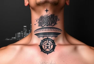 Houston texas skyline Behind houston astrodome leading up neck, stars nighttime stars and clouds, Houston Astros cursive in sky, Houston Astros star on neck, Benjamin Franklin money roll space suit tattoo idea