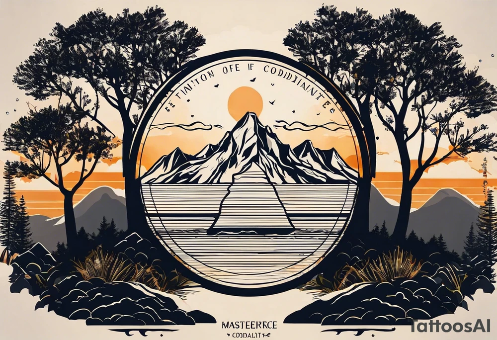 Let the coordinates 35.331° N, 33.429° E be written, next to it should be a mountain, sun, sea and tree icon, the letters of the coordinate should be capitalized and the numbers next to it should be written from top to bottom. tattoo idea