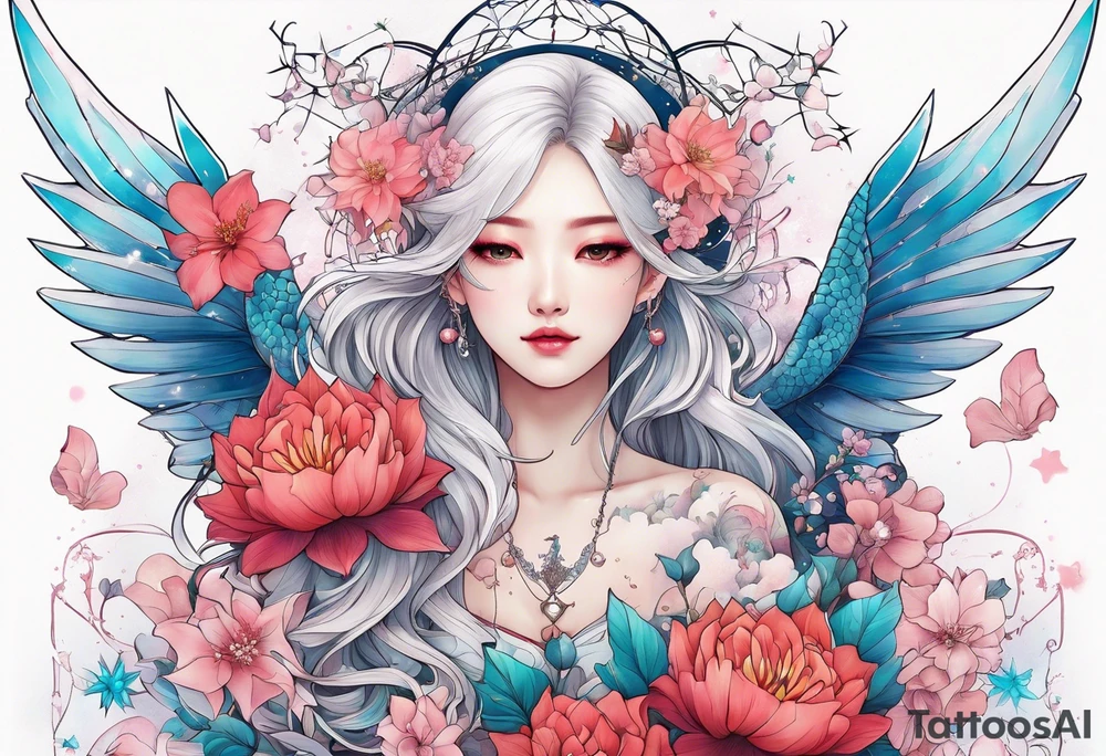 Constellation, wing , snow , cross , dragon female japan kawaii , flower tattoo idea
