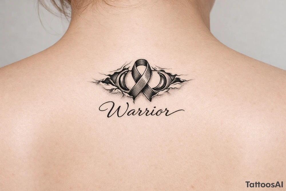 Warrior in cursive with sikkle cells ribbon tearing out of skin tattoo idea