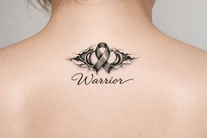 Warrior in cursive with sikkle cells ribbon tearing out of skin tattoo idea