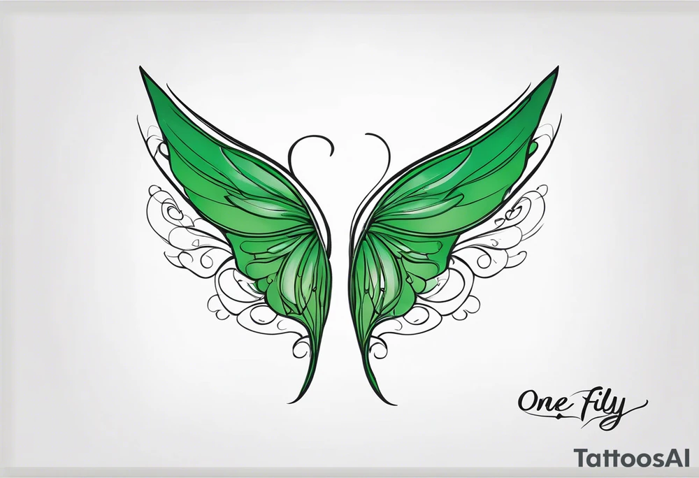 Green fairy wings with text “one day I’ll fly away” tattoo idea
