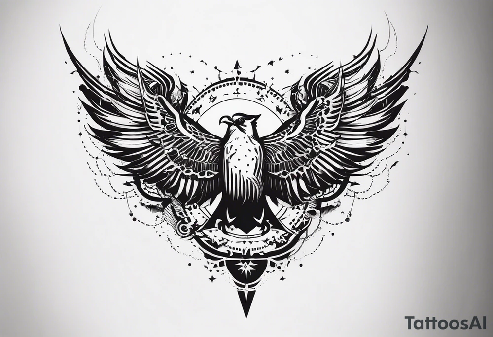 Wide tattoo that appears to be bursting out of the skin, symbolizing freedom. The tattoo should be vibrant and dynamic, with bold lines and colors that evoke a sense of liberation and empowerment. Consider incorporating elements such as broken chains, or other symbols of freedom. The tattoo should be visually striking and thought-provoking, inviting the viewer to reflect on the importance of personal freedom. tattoo idea