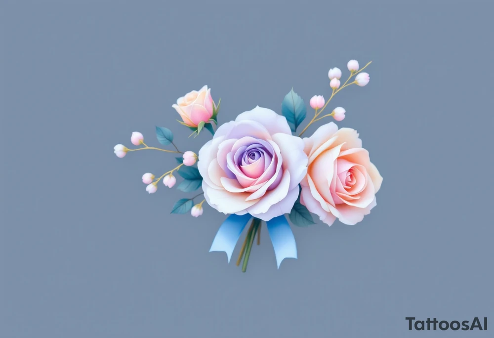 Tiny bunch of miniature pastel roses (pink, lavender, and cream) tied together with a soft blue ribbon. tattoo idea