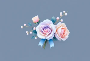 Tiny bunch of miniature pastel roses (pink, lavender, and cream) tied together with a soft blue ribbon. tattoo idea