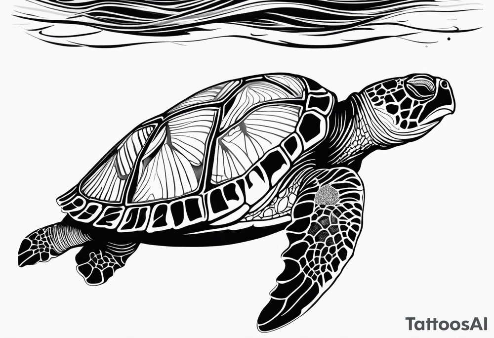 A serene turtle swimming underwater, detailed shell patterns visible, symbolizing patience and longevity.” tattoo idea