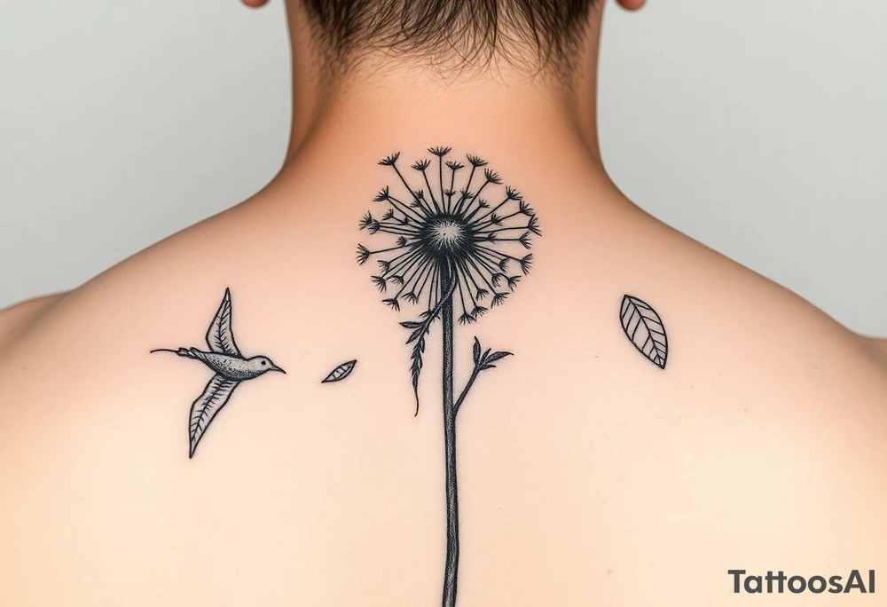 A dandelion with its leaves blowing away and turning into birds that fly up and create a waterfall tattoo idea