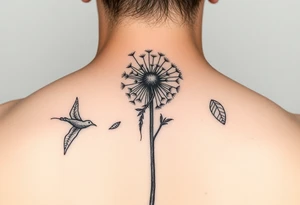 A dandelion with its leaves blowing away and turning into birds that fly up and create a waterfall tattoo idea