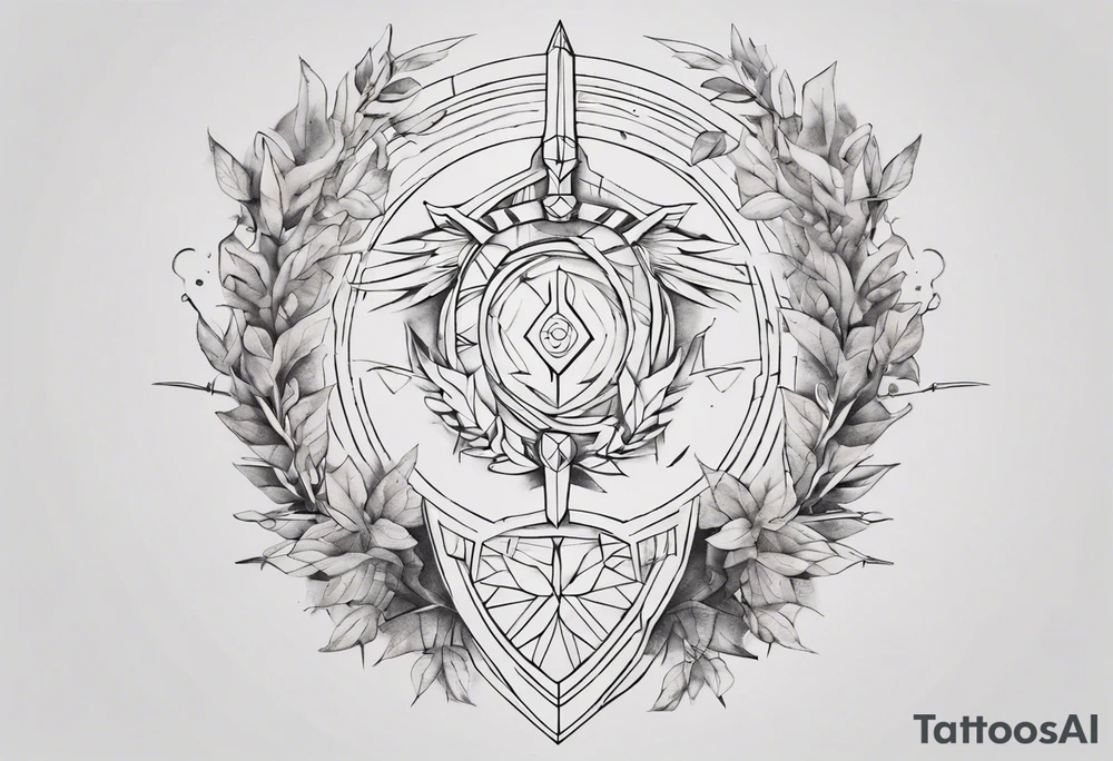 Create a small tattoo with Athena's spear and shield using geometric lines and shapes. Play with symmetry and abstraction to create a visually striking composition. Add vines gracefully intertwining at a central point in the middle of the wreath.
The intended placement is on the upper chest. The overall design should be small in size while maintaining a delicate and artistic aesthetic. Pay attention to the graceful flow of the vines and the placement of the irises to achieve a refined and elegant look. tattoo idea