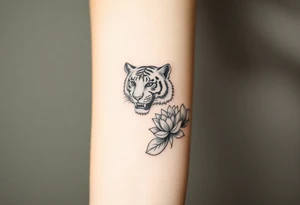 fierce tiger emerging through blooming lotus flowers in mist tattoo idea