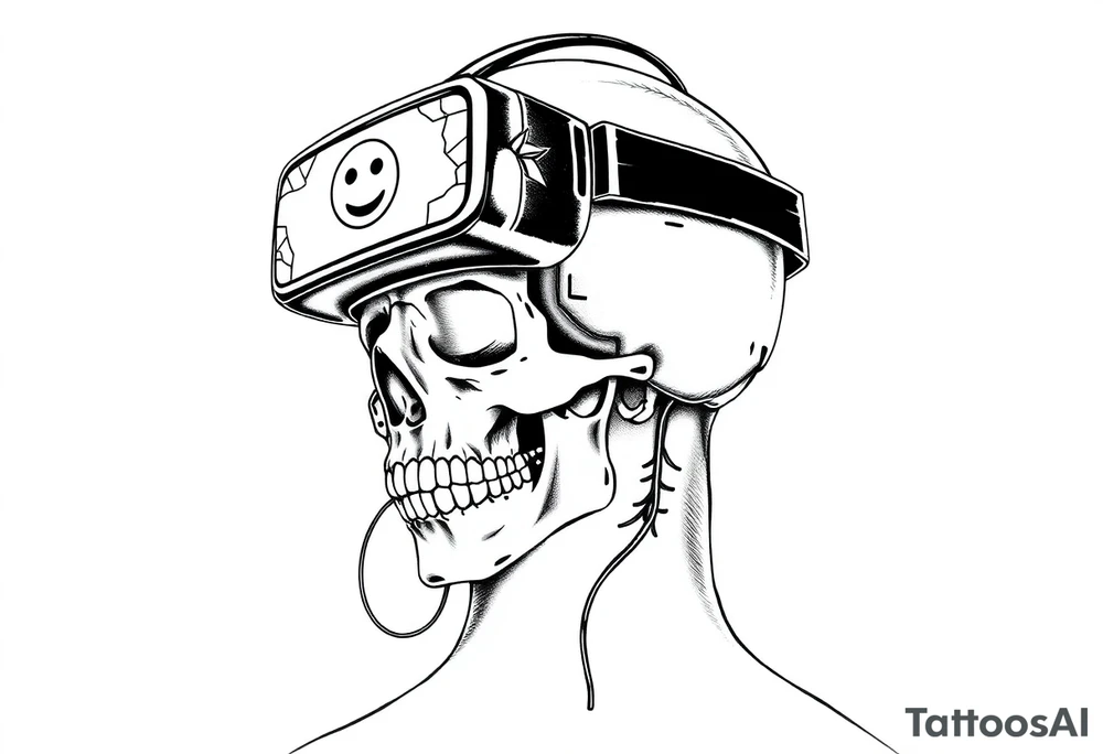 Neon Skull in a Cracked VR Headset
A human skull wearing a cracked VR headset.
The headset's screen flickering between a smiling emoji and a 404 ERROR screen.
Wires dangling like tendrils, connecting the skull to something unseen. tattoo idea