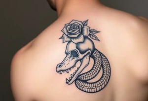 Skull with alligator coiled around it with a Tudor rose above tattoo idea
