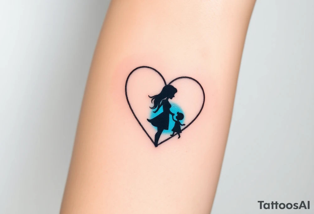 A mother and child shadow inside a heart-shaped puzzle piece, in black and white with a subtle blue glow tattoo idea