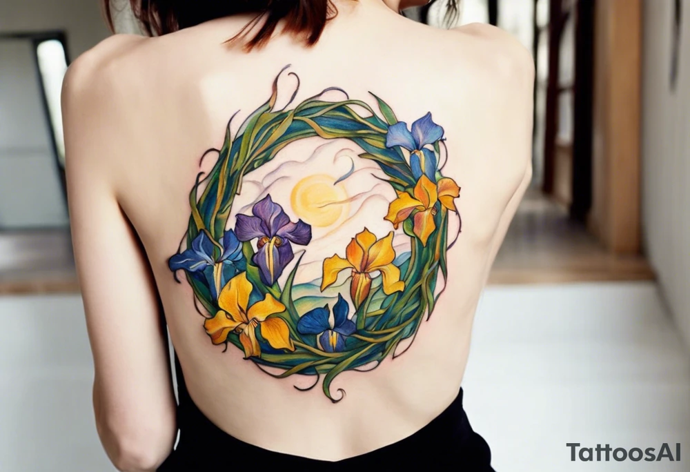 Create a small, colorful Vincent van Gogh Irises tattoo in the form of a crescent, with vines gracefully intertwining at a central point in the middle of the wreath. The intended placement is on the upper chest. The middle needs mountains. The overall design should be small in size while maintaining a delicate and artistic aesthetic. Pay attention to the graceful flow of the vines and the placement of the irises to achieve a refined and elegant look. tattoo idea