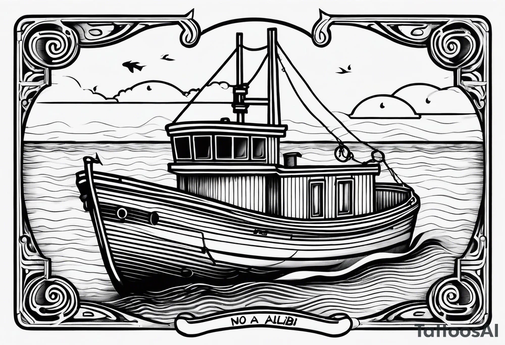The words No alibi on the back of a fishing boat tattoo idea