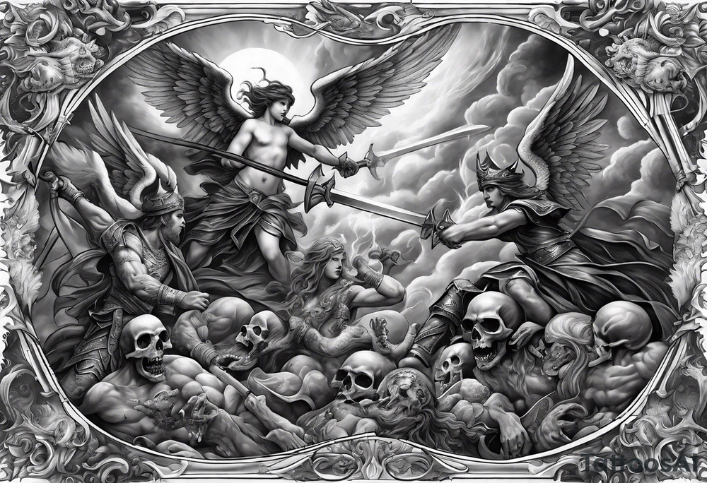 Angels fighting demons over fire with skulls in the background tattoo idea
