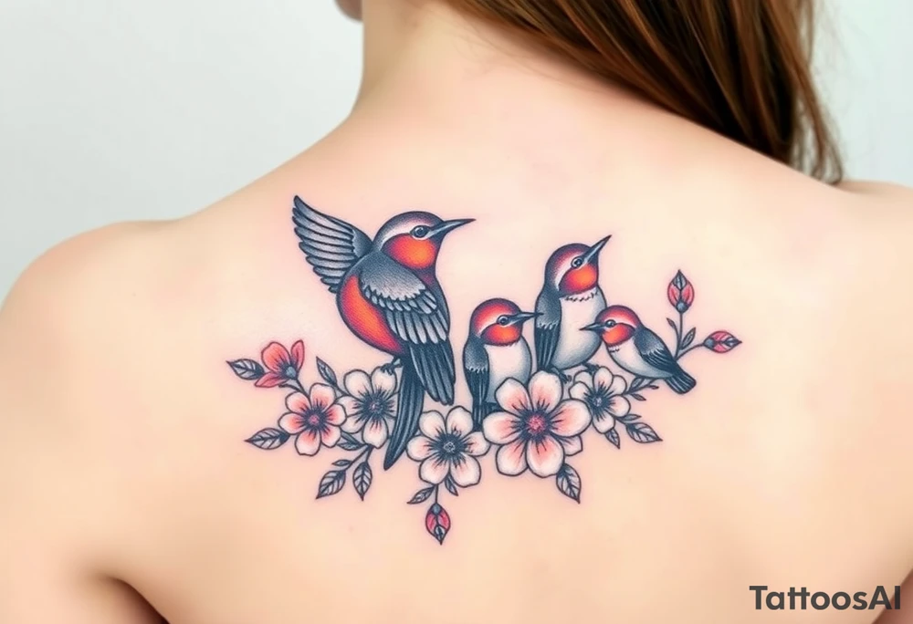 Mom bird and three baby birds with flowers tattoo idea