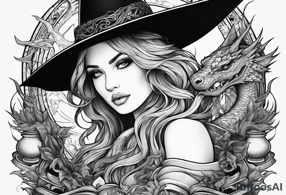 Witch surrounded by books and dragon tattoo idea Witch surrounded by books and dragon tattoo idea
