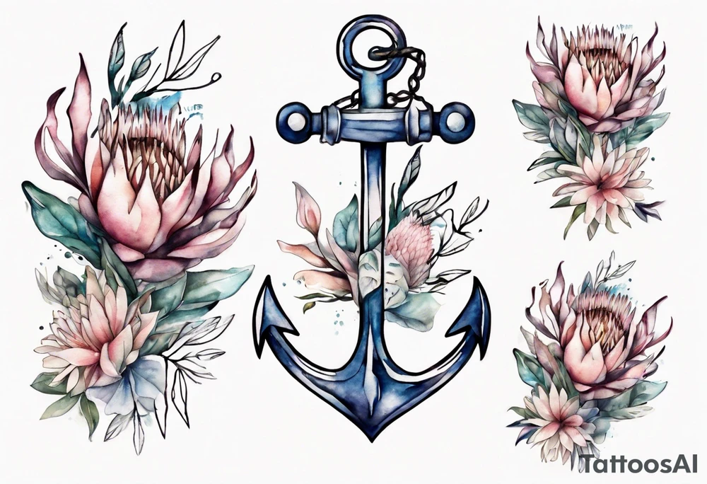 Very feminine tattoo of an anchor and protea flowers and the verse: God is within her, she will not fall. tattoo idea