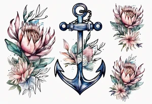 Very feminine tattoo of an anchor and protea flowers and the verse: God is within her, she will not fall. tattoo idea