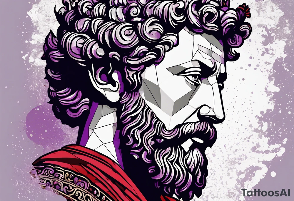 The Face of marcus aurelius with the lower left half missing. He is looking slightly away at 25 degrees. Geometric symbols framing the background. The background has small color splashes of red and purple. tattoo idea