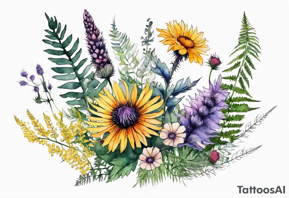 spread out mixed wildflower bouquet with ferns, thistle and with watercolor tattoo idea