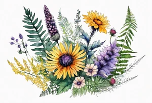 spread out mixed wildflower bouquet with ferns, thistle and with watercolor tattoo idea