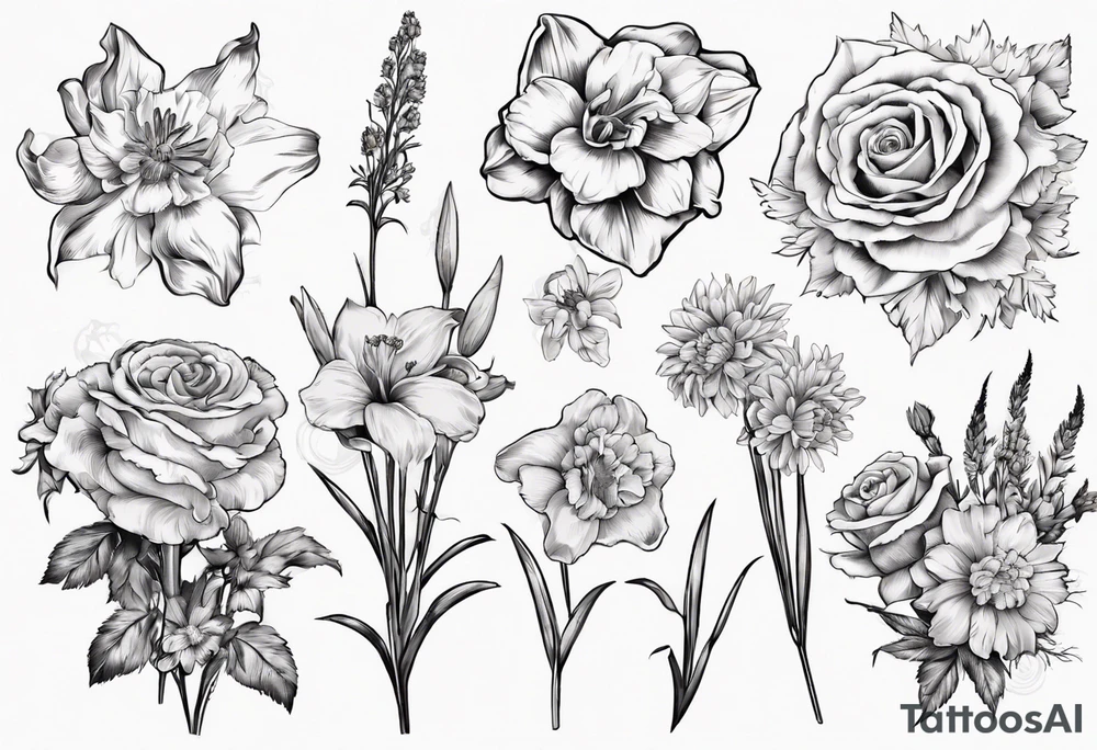 Flower bouquet with daffodil, rose, Larkspur, gladiolus, aster, marigold, chrysanthemum, narcissus tattoo idea