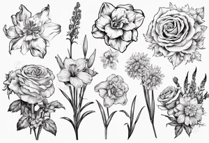 Flower bouquet with daffodil, rose, Larkspur, gladiolus, aster, marigold, chrysanthemum, narcissus tattoo idea