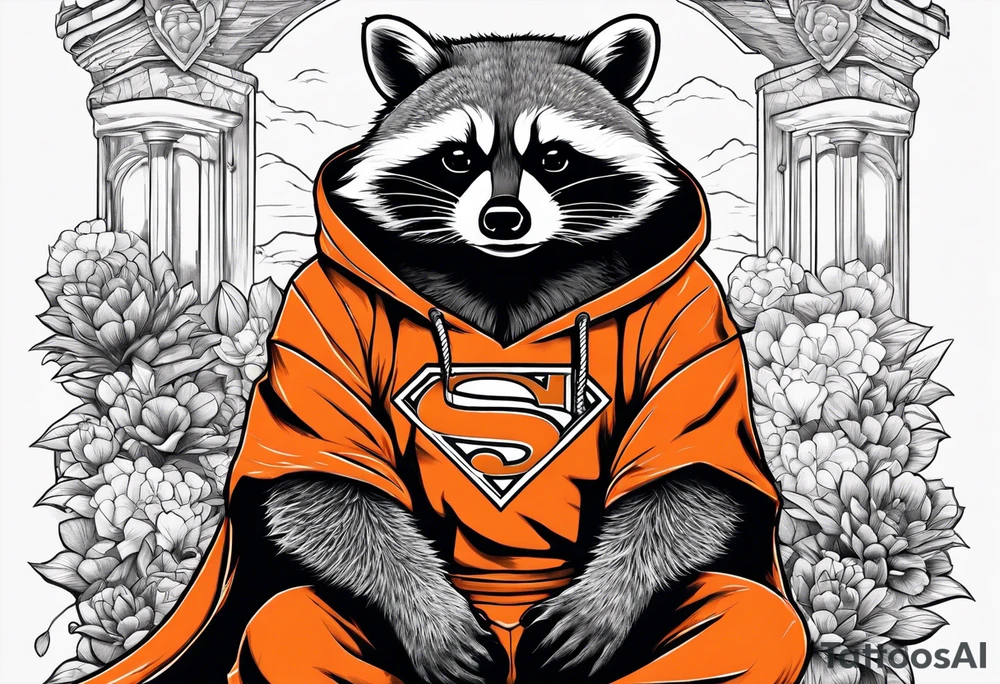 Raccoon wearing an orange Superman hoodie tattoo idea