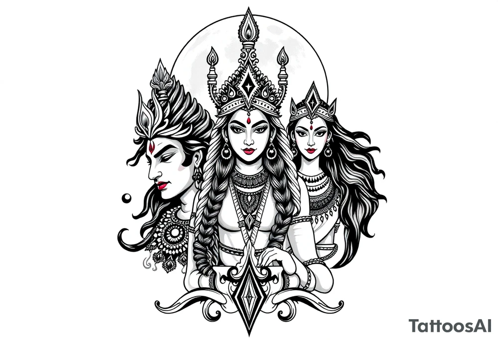 Lord Shiva, Godess Kali, Godess Lilith Together with the moon in the background tattoo idea
