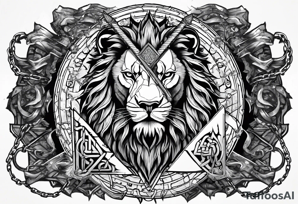 Valhalla sword shield  axe lion 
Valknut barbed wire chains tattoo idea
