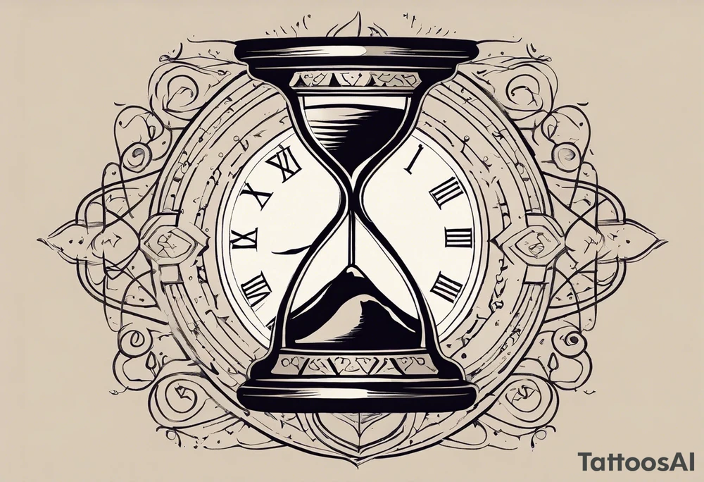 I want a tattoo-inspired design for a t-shirt that features a bold and detailed hourglass with a hand clock in the center, using Amazigh numerals for the clock numbers. The hourglass should have a strong, shaded look, with sharp lines resembling tattoo art. Planets and stars should orbit around the hourglass, giving it a cosmic and timeless feel. The design should be intricate, focusing on the flow of time and the universe, with the planets adding depth and movement. The overall aesthetic should be bold and detailed, in a blackwork tattoo style, without any flowers."black and whit design tattoo idea