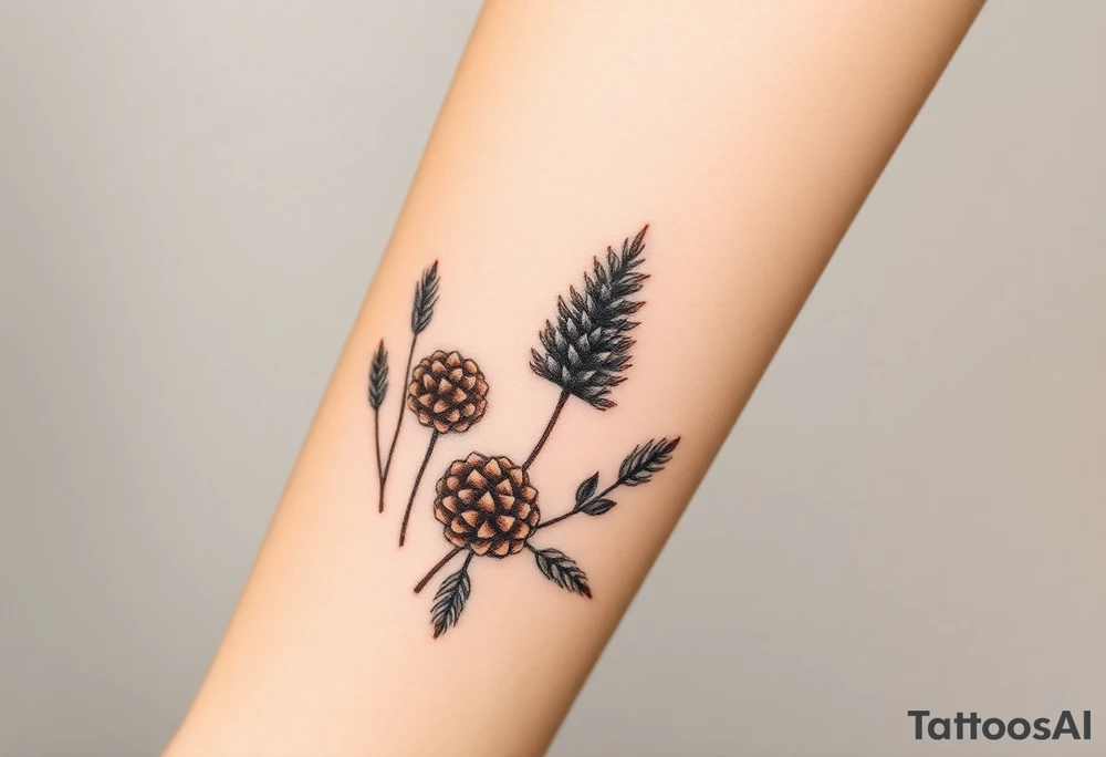 A golden wheat field, bier cones and coniferous forest tattoo idea