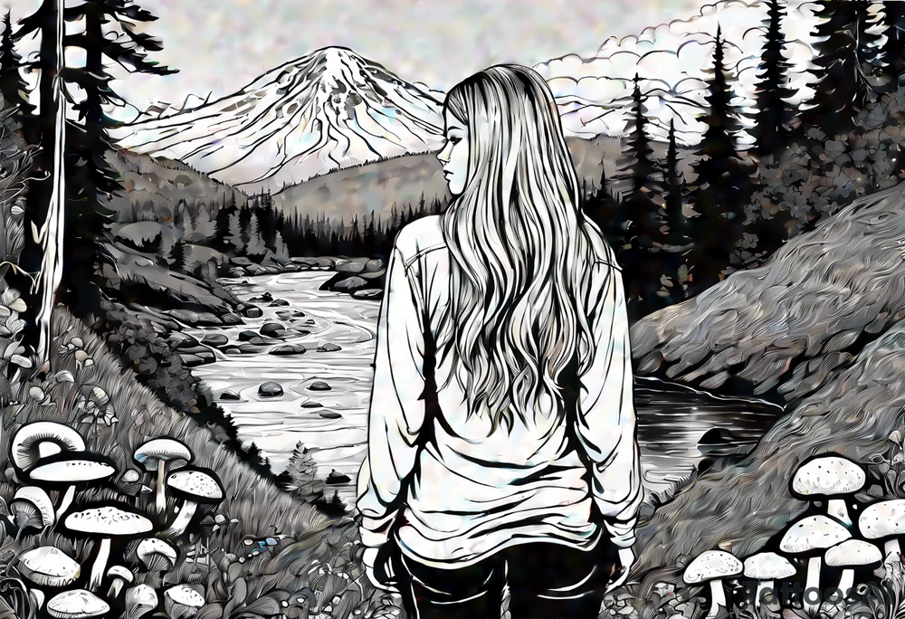 Whole picture encircled fully

Straight long blonde hair hippie girl in distance holding mushrooms in hand facing away toward mountains and creek surrounded by mushrooms long sleeve shirt and hiking pants; whole rendering within a full celtic circle, no cut off circle tattoo idea