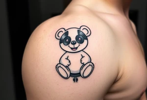 minimalist teddy bear with vinyl records as eyes smiling and sitting on a record tattoo idea