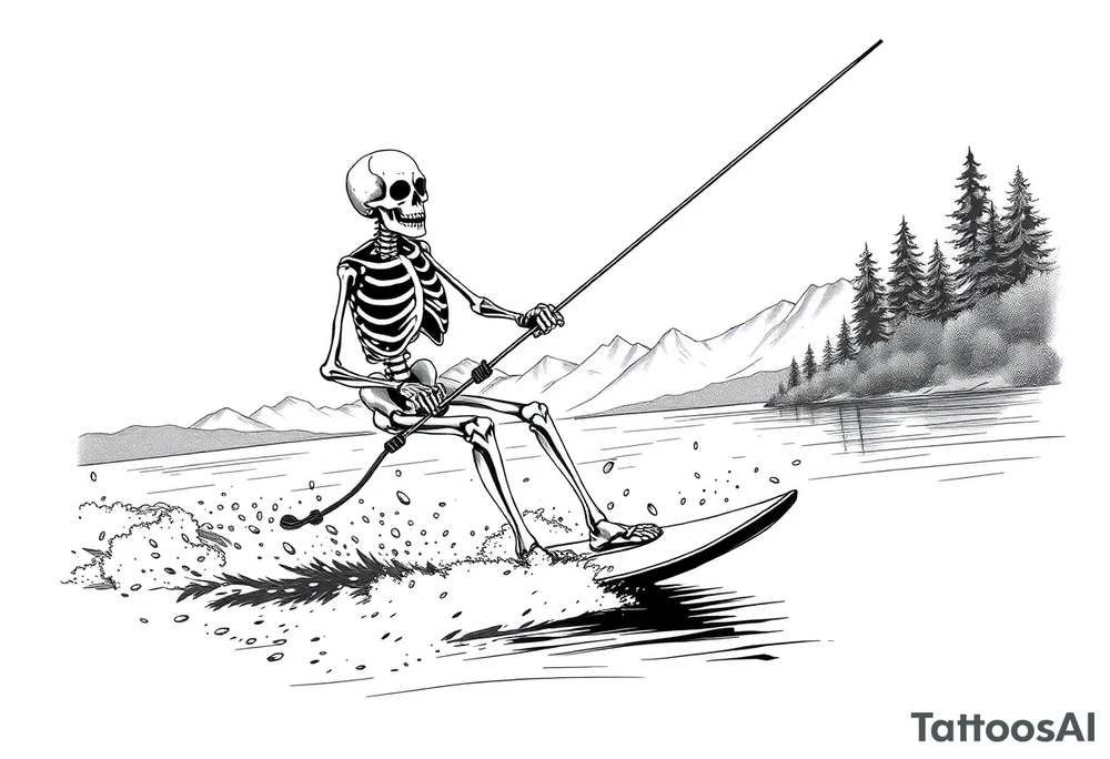 skeleton wakeboarding on lake, holding onto rope, 
mountains in the background tattoo idea