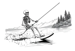 skeleton wakeboarding on lake, holding onto rope, 
mountains in the background tattoo idea