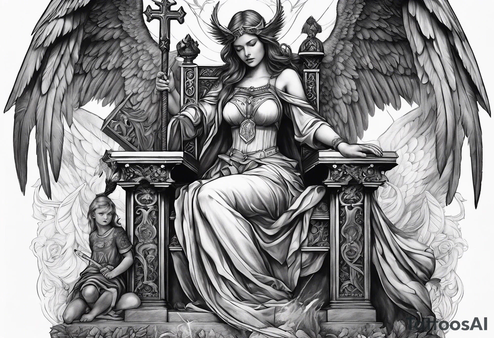 girl angel sitting in a throne with a staff with a cross at the top, a devil laying on the ground by the angels feet being stabbed in the chest by the staff tattoo idea