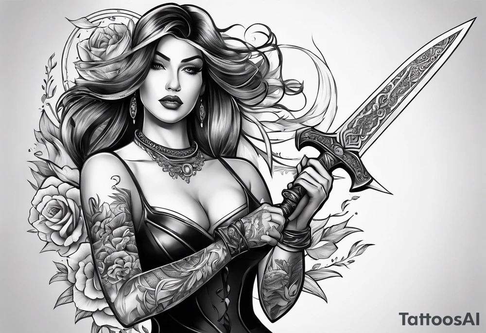 Dagger with a woman on the blade tattoo idea