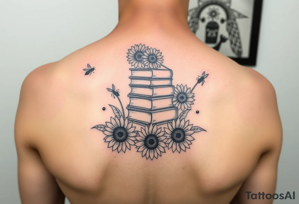 A stack of books surround by sunflowers and bees tattoo idea
