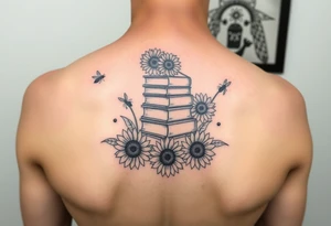 A stack of books surround by sunflowers and bees tattoo idea